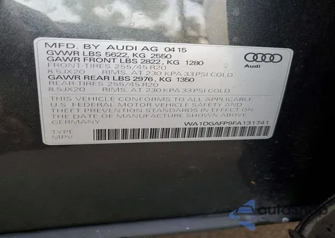 2015 Audi Q5 Premium Plus из США, поврежденный, VIN WA1DGAFP9FA131741
